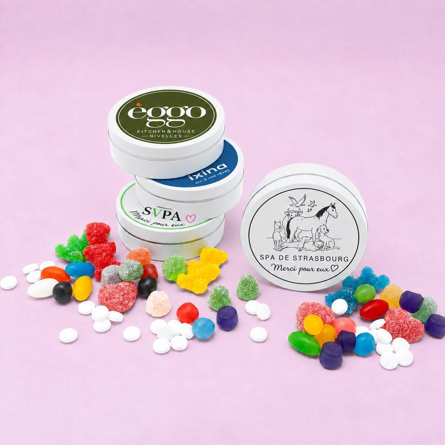 Boîtes rondes personnalisées avec leurs garnitures, pour èggo, Ixina et la SPA de Strasbourg